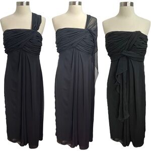 Vintage Black Chiffon Pleated Bust‎ Strapless Midi Dress With Long Shoulder Sash